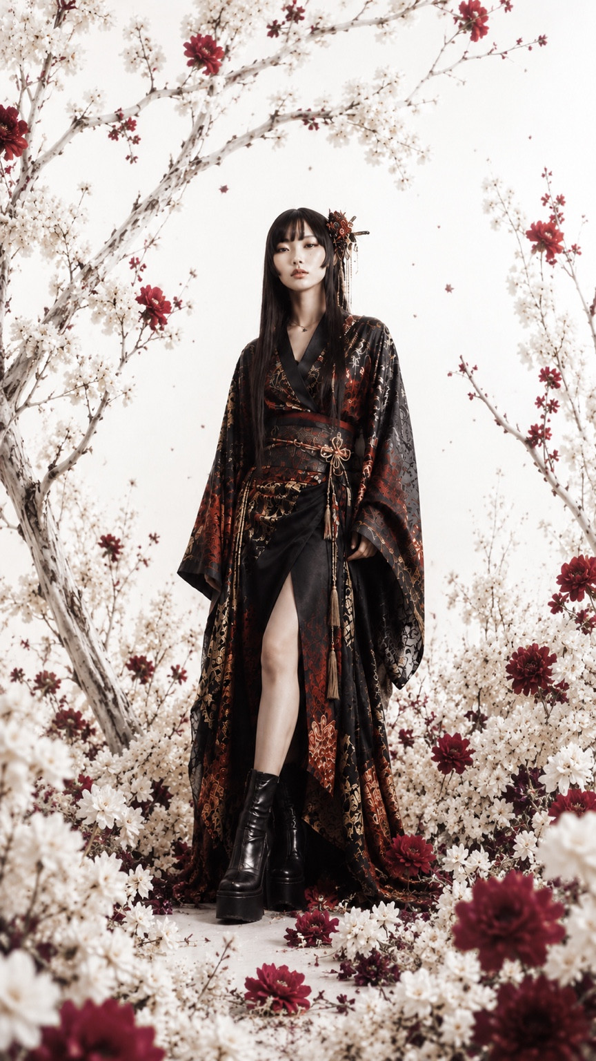 和装と花を組み合わせたファッション広告写真