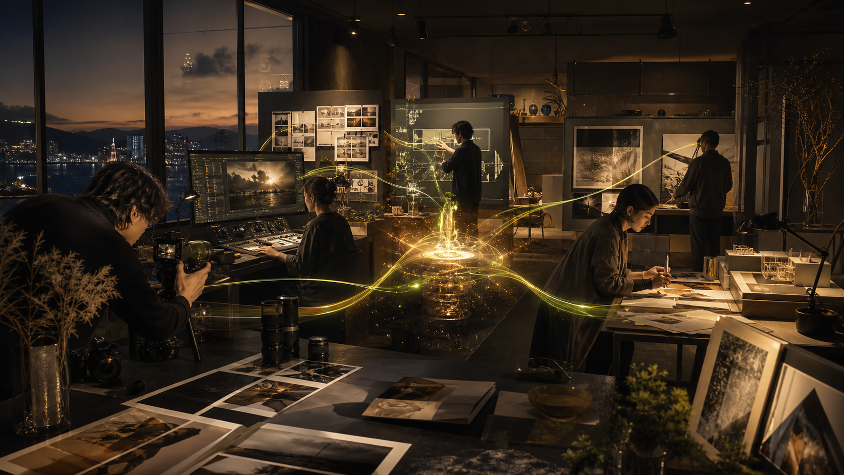 神戸の制作スタジオで調査、データ、写真、映像、Web、AIが一つのプロジェクトとして接続する様子